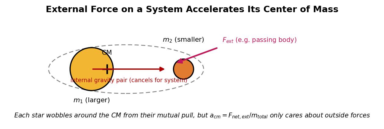 Two orbiting stars of different mass wobbling around their shared center of mass from mutual gravity (internal, cancels for the system), with an external force shown accelerating the CM itself