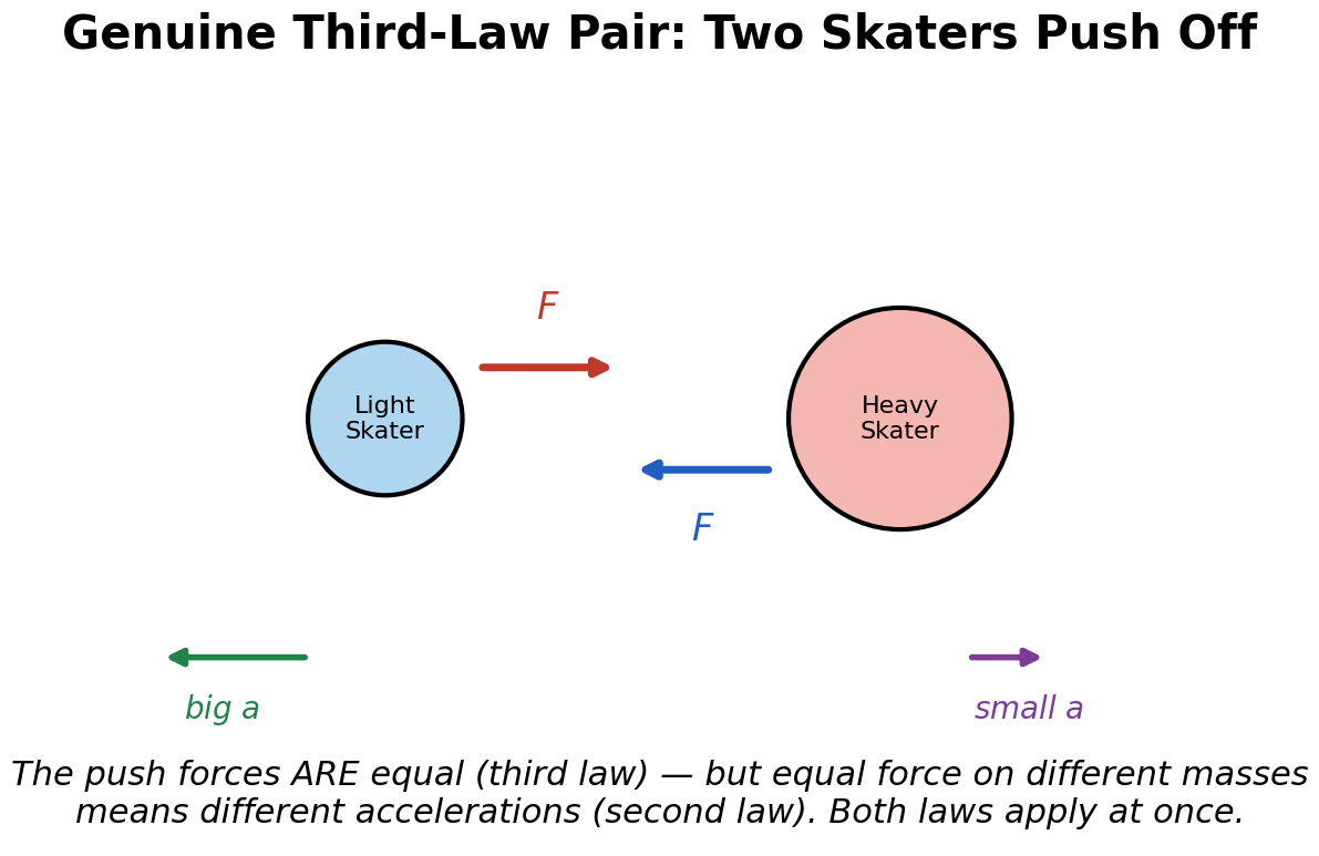 Two ice skaters of different sizes pushing off from each other with equal and opposite forces, with the lighter skater ending up with a much larger acceleration than the heavier skater
