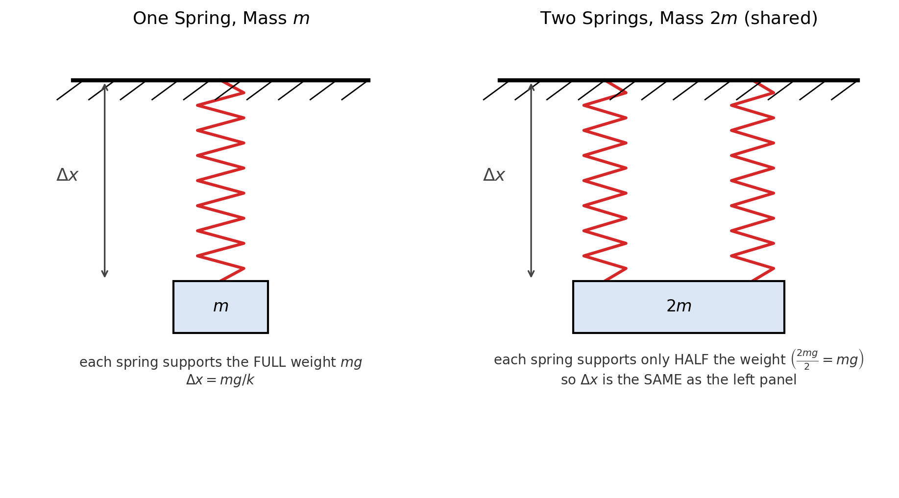 Two panels comparing a single spring holding a mass to two identical springs sharing double that mass, with both cases showing the same stretch